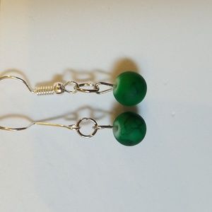 Matte Green Bead Drop Earrings. Hypoallergenic